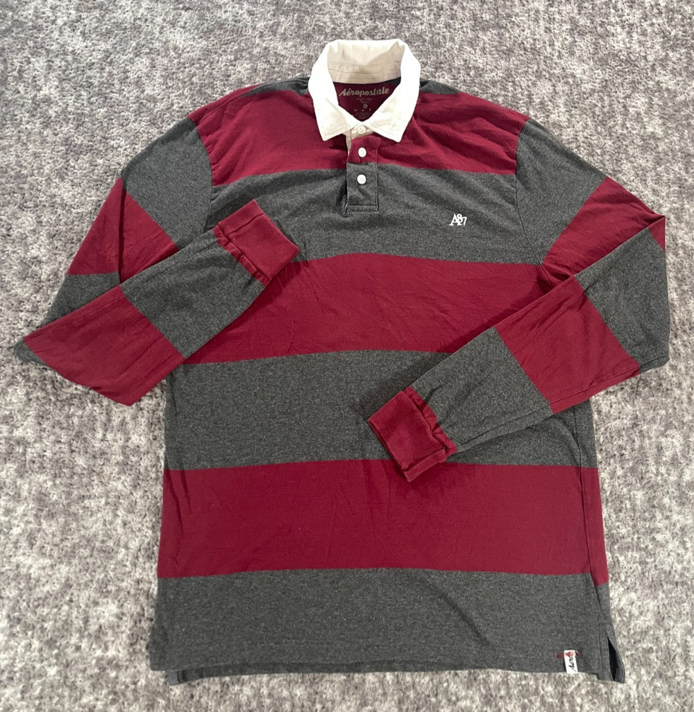 American Eagle Mens XL Red Grey Striped Long Sleeve Rugby Polo Shirt Burgandy